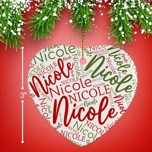 Miniatura 4 de Adornos de Navidad personalizados de corazón, adorno de cerámica con palabra de nube de nombre, 3 pulgadas, decoraciones personalizadas para árbol