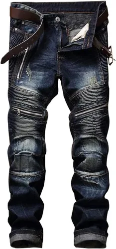 AITITIA - Jeans desgastados para hombre de corte recto con cremallera, estilo motociclista
