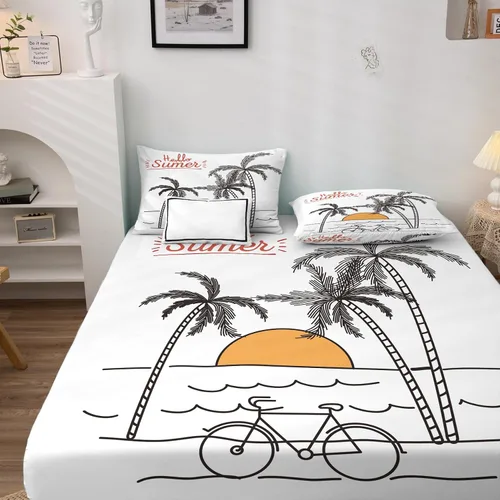 Miniatura 2 de Juego de sábanas de 3 piezas con estampado de palmeras oceánicas y fundas de almohada, tamaño individual, sábana bajera ajustable de microfibra