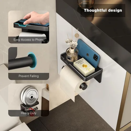 Miniatura 2 de VOLDRA Soporte de papel higiénico con estante para teléfono, soporte de papel higiénico autoadhesivo o con tornillos, soporte de rollos de papel