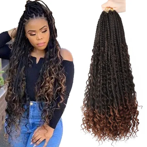 Miniatura 36 de LMZIM 18 Pulgadas Trenzas de Caja Bohemias 8 Paquetes Trenzas de Caja de Diosa Bohemia Cabello de Ganchillo con Puntas Rizadas Cabello de Ganchillo
