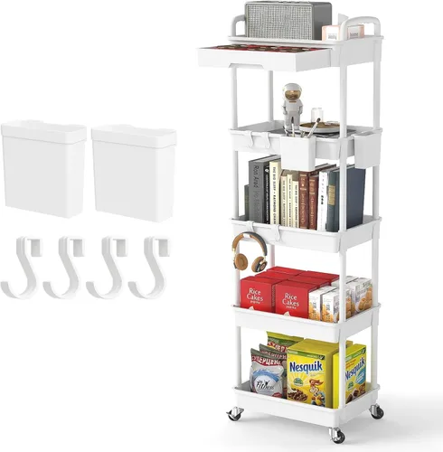 Miniatura 11 de Carrito rodante de 3 niveles con cajón, carrito de servicio REBECAT hecho de organizador de almacenamiento multifuncional para cocina, baño, sala