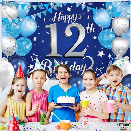 Miniatura 5 de KatchOn, Cartel de feliz cumpleaños número 12, 72 x 44 pulgadas, decoración de fiesta de feliz cumpleaños número 12 azul y plateado para niños