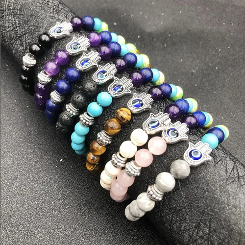 Miniatura 7 de BOMAIL Juego de 2 a 9 pulseras de mal de ojo Hamsa con piedras preciosas de lava de 7 chakras, pulseras de piedras de lava con dije de Hamsa de ojo