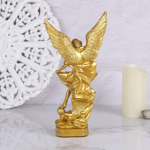 Miniatura 6 de Estatua de San Miguel Arcángel de 31.8 cm en oro, estatua de San Miguel en resina, colección de figuritas del Arcángel Miguel vitoriosamente sobre