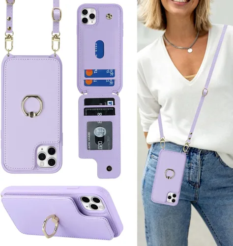 Miniatura 43 de Lipvina para iPhone 11 Pro Funda para teléfono con tarjetero y correa para mujeres, cordón cruzado, soporte de anillo con patas, cierre de presión