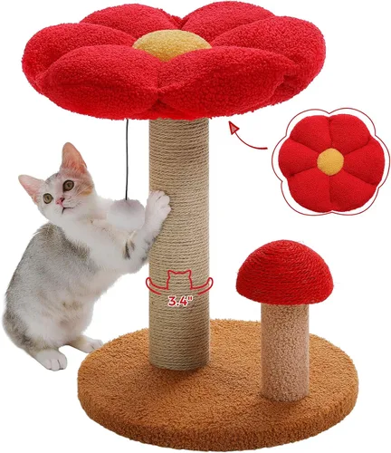 PETEPELA Poste rascador para gatos, rascador para gatos en forma de hongo, bonita torre de árbol para gatos con poste rascador grueso y cama de