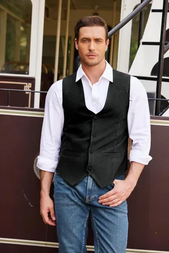 Miniatura 2 de COOFANDY Chaleco de traje de cuero de gamuza para hombre, chaleco occidental casual, chaleco ajustado