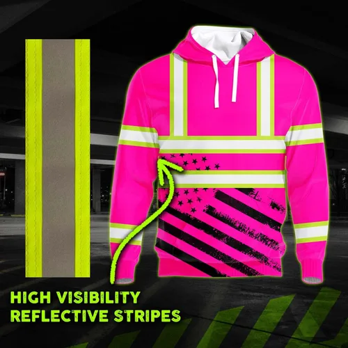 Miniatura 3 de Sudadera con Capucha de Alta Visibilidad con Bandera de EE.UU. de Color Personalizado para Hombres y Mujeres con Cintas Reflectantes, Ropa