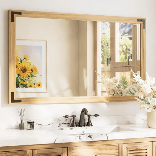 Miniatura 31 de TETOTE Espejo de madera natural de 48 x 24 pulgadas para pared de baño/dormitorio/sala de estar/entrada, espejo rústico de tocador de baño