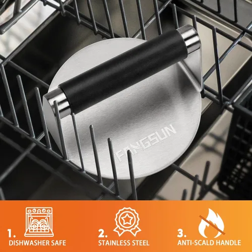 Miniatura 6 de FANGSUN Prensa de hamburguesas con mango antiquemaduras, triturador de hamburguesas de acero inoxidable de 5.8 pulgadas, prensa redonda