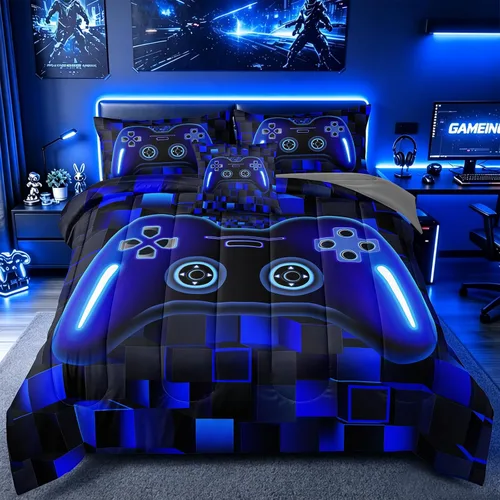 Miniatura 11 de Juego de ropa de cama de 5 piezas con estampado de videojuegos tamaño individual para niños, niñas, adolescentes, ropa de cama de 5 piezas en una