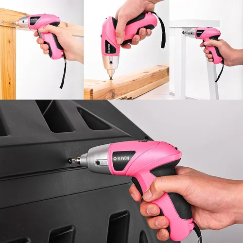 Miniatura 5 de ELEVON Juego de 27 destornilladores eléctricos rosados, destornillador eléctrico inalámbrico con juego de taladro, pistola de tornillo de mano