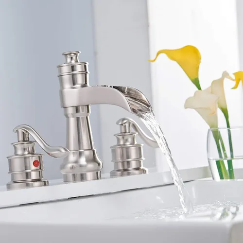 Miniatura 7 de Grifo de baño generalizado de níquel cepillado, cascada de 2 manijas con tapón de drenaje emergente, tocador de baño de 3 agujeros, grifo mezclador