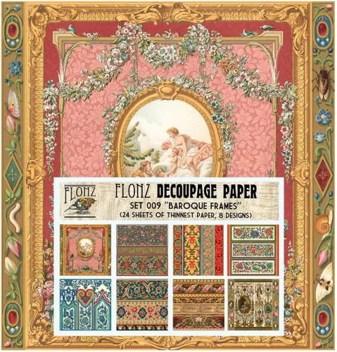 Miniatura 2 de Paquete de papel para decoupage (24 hojas 15x15 cm) Marcos Art Nouveau con adornos FLONZ Papel vintage estilizado para decoupage y manualidades