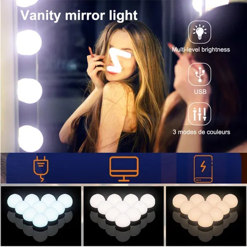 Miniatura 7 de Luces de espejo regulables, luces LED estilo Hollywood con 10 bombillas, luces de tocador alimentadas por USB para espejo, tocador, dormitorio