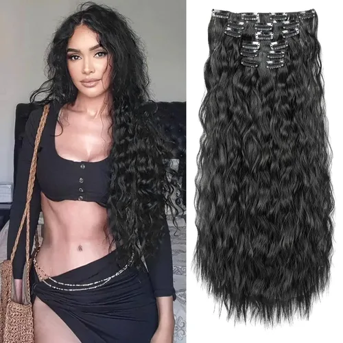 Miniatura 14 de Flufymooz - Extensiones de cabello con clip, 6 unidades, extensiones de cabello largas con ondas de sirena, sintético, postizo para mujer, 24 Marrón