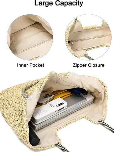 Miniatura 5 de Rejolly Bolso de mano de paja para mujer, para playa, verano, vacaciones, estilo bohemio, de ratán, bolso grande de hombro tejido