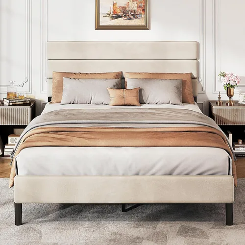Miniatura 11 de WLIVE Base de cama tapizada, marcos de cama individual con cabecero, cama de plataforma con listones de madera, base de colchón de 600 libras,