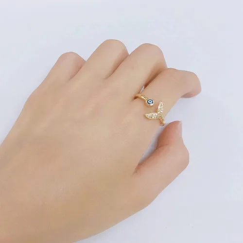 Miniatura 4 de Anillo de cola de sirena azul con circonita cúbica delicada chapada en oro y compromiso de compromiso de moda, apilable, abierto y ajustable