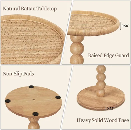Miniatura 5 de Mesa de bebidas, mesa auxiliar redonda pequeña de ratán bohemio para espacios pequeños, mesa auxiliar circular de madera maciza para sala de estar