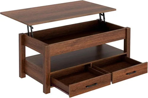 Miniatura 8 de Rolanstar - Mesa auxiliar, mesa de centro con cajones y compartimento oculto, mesa central retro con tablero de elevación de madera, para sala