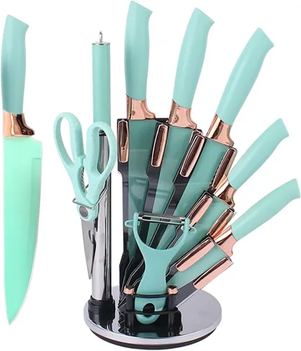 Miniatura 9 de Juego de cuchillos de cocina antiadherentes de acero inoxidable, 9 piezas, juego de cuchillos afilados con afilador, juego de cuchillos con soporte