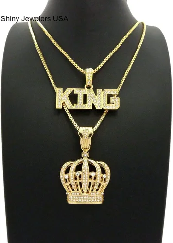 Miniatura 2 de Bright Jewelers USA - Juego de 2 collares para hombre, corona de rey negro y oro, diseño de hip hop