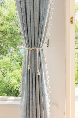 Miniatura 5 de 2 paneles de cortinas de lino semiopacas para ventana, bohemias y rústicas, con rayas bordadas y bolsillo para cortinero, para sala de estar