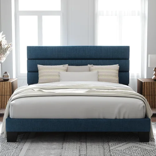 Miniatura 21 de Allewie - Base de cama de plataforma matrimonial con cabecera tapizada de tela y soporte de listones de madera, base de colchón totalmente tapizada