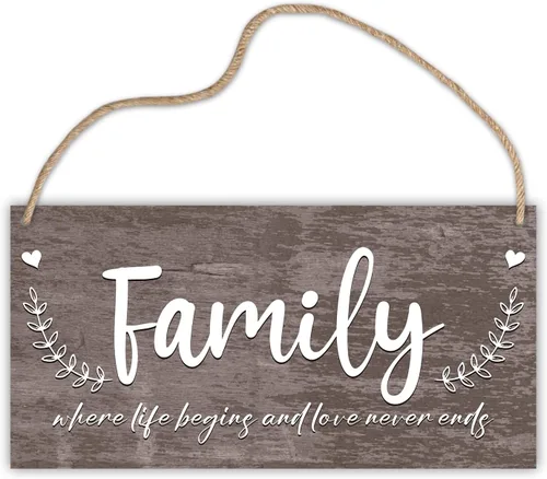 Miniatura 6 de Letrero colgante de madera para decoración de pared familiar, letrero con texto en inglés «Family Where Life Begins And Love Never Ends» (A01)