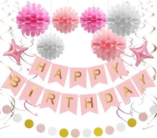 Decoraciones de cumpleaños de oro rosa para mujeres y niñas, decoraciones de fiesta rosa, pancarta de feliz cumpleaños, 6 flores de tejido (versión