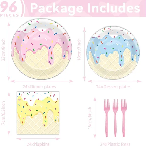 Miniatura 2 de 96 piezas de decoraciones para fiesta de helados, platos temáticos de helado para fiesta de cumpleaños, fiesta de helado dulce de verano, platos