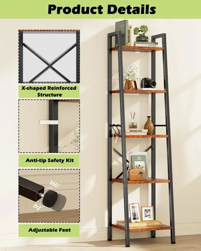 Miniatura 7 de Furologee Estantería de escalera de 5 niveles, estantería alta y estrecha con 2 ganchos, estante de esquina de baño marrón rústico, estante