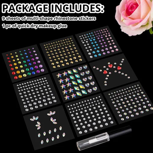 Miniatura 2 de Juego de 9 hojas de calcomanías de diamantes de imitación para la cara, 1, múltiples formas con parte trasera plana, gemas de estrella y corazón