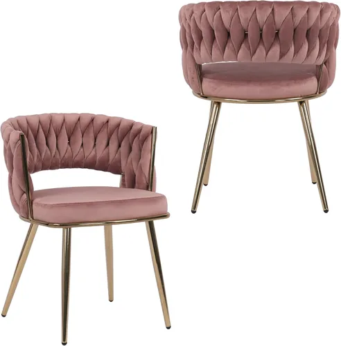 Miniatura 22 de KCC Juego de 2 sillas de comedor modernas de terciopelo, sillas tapizadas para sala de estar con respaldo tejido y patas de metal dorado, silla