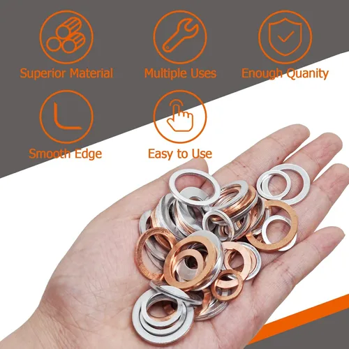 Miniatura 6 de Surtido de 106 piezas de cobre y aluminio Crush Wahser, tapón de drenaje de aceite, surtido de juntas – 0.394 in, 0.472 in, 0.551 in, 0.630 in
