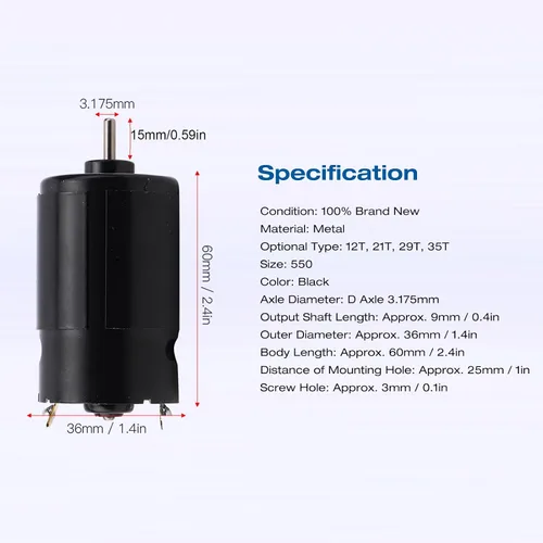 Miniatura 3 de VGEBY Motor cepillado, 12T/21T/29T/35T Vehículo de control remoto estándar 550, motor cepillado RC de alto bajo ruido, apto para vehículos RC