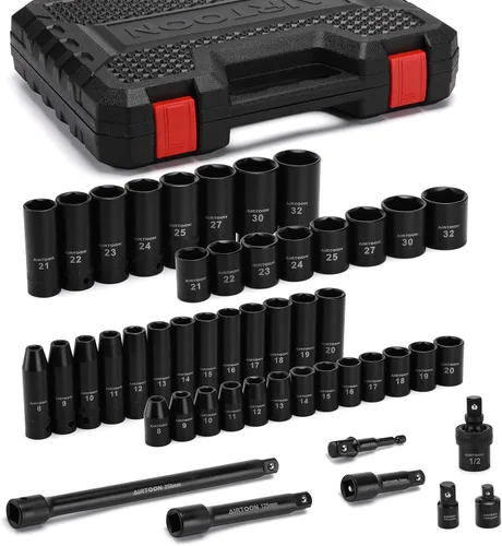 Miniatura 2 de Juego de llaves de impacto con guía de 1/2 pulgada, 49 piezas de vasos métricos profundos y poco profundos de 8 mm a 32 mm, 6 puntas, acero CR-V