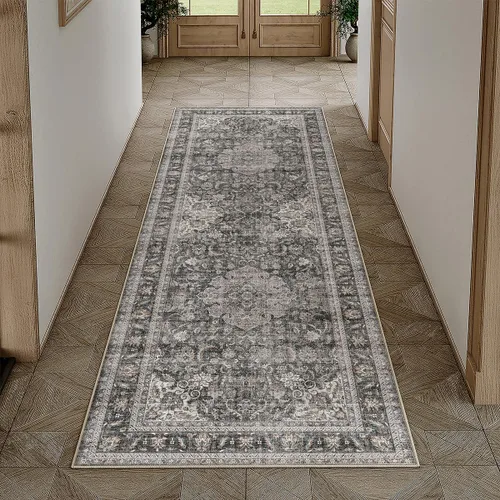 Miniatura 33 de Alfombra de área marrón lavable de 2 x 3 pies, alfombra vintage para entrada y cocina, antideslizante, suave, de pelo bajo desgastado, alfombra
