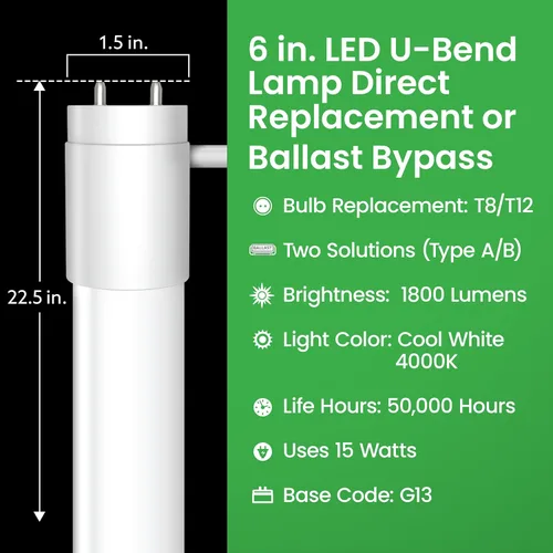 Miniatura 6 de Feit Electric Bombilla LED de 15 W T8/T12 U-Bend de repuesto directo o derivación de balasto, bombilla LED lineal, 4000 K blanco frío, paquete de 4