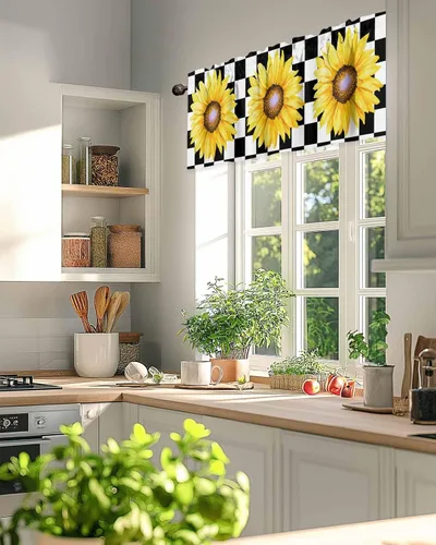 Miniatura 6 de Cenefas de girasol para ventanas de cocina, cenefa de cortina de granja, cortinas cortas de girasol de acuarela, cenefas con bolsillo para barra