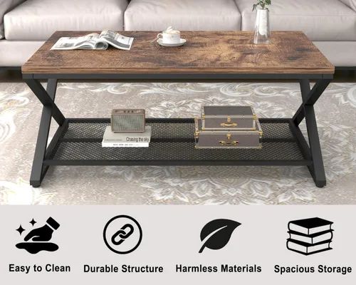 Miniatura 3 de LVB Mesa de café rústica, mesa de cóctel de té de madera y metal industrial de 2 niveles con almacenamiento para sala de estar, mesa central Marrón