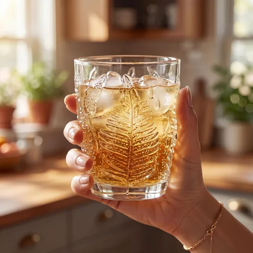 Miniatura 4 de Juego de 4 vasos vintage de vidrio transparente prensado a mano de 10 onzas, cristalería retro en relieve de helecho, vasos texturizados para agua
