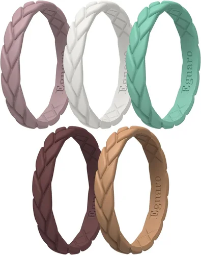 Miniatura 86 de Egnaro Anillos de boda de silicona para ella, conjuntos de novia de goma para mujer, bandas finas, diseño trenzado de hojas apilables con ranuras
