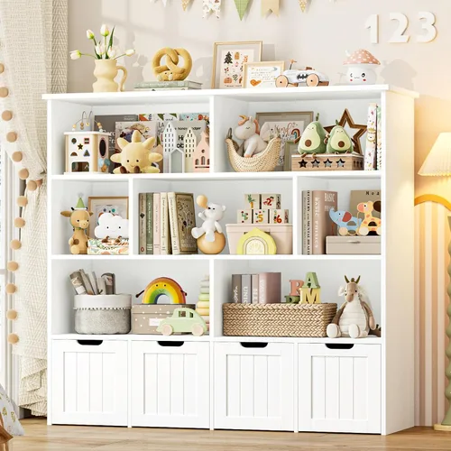 Miniatura 10 de FINETONES Organizador de almacenamiento de juguetes, estantería para niños con 4 cofres móviles y 7 cubos de almacenamiento, organizador