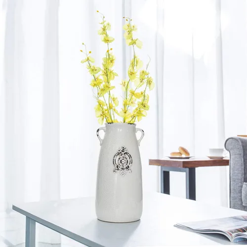Miniatura 3 de MyGift Jarrón de cerámica blanca con mango y diseño de sello en relieve, jarrón antiguo en forma de jarra de flores de mesa Blanquecino