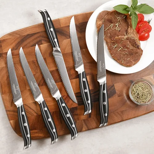 Miniatura 5 de VG10 - Juego de cuchillos de cocina de acero Damasco de 67 capas con asas de triple remache, 6 cuchillos de carne, tenedor de carne, afilador