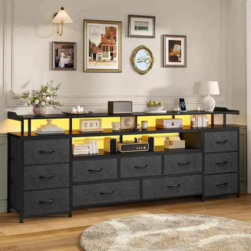 Miniatura 2 de ADORNEVE Soporte de TV para TV de 65 pulgadas, mesa consola de TV de 63" de ancho con luces LED y estación de carga, cómoda larga con 11 cajones