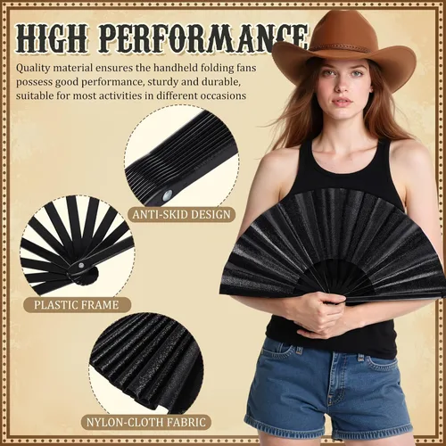 Miniatura 3 de Blulu Abanicos grandes con purpurina negra plegable para rave, abanico de mano de seda para baile de línea, chino, hacer sonidos para mujeres, Negro
